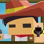 검 모양의 모자를 쓴 큐브 모양의 캐릭터가 총을 겨누고 있는 모습