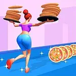 파란색 트랙 위에서 반바지와 보라색 상의를 입은 여성이 두 팔에 접시 가득 쌓인 팬케이크를 들고 달리는 모습