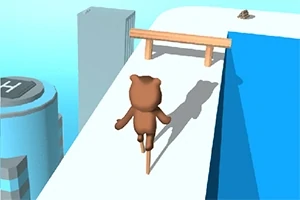 곰 모양의 캐릭터가 건물 옥상에서 장애물을 향해 뛰어가는 모습