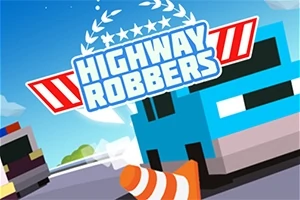 파란색 픽셀 자동차와 주황색 원뿔이 있는 도로 위에 HIGHWAY ROBBERS라는 텍스트가 있는 이미지