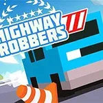 파란색 픽셀 자동차와 주황색 원뿔이 있는 도로 위에 HIGHWAY ROBBERS라는 텍스트가 있는 이미지