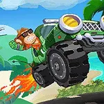 원숭이가 선글라스를 쓰고 녹색 오프로드 차량을 타고 해변가를 배경으로 공중에 떠 있는 모습