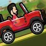 빨간 지프차를 운전하는 만화 스타일의 남성 캐릭터