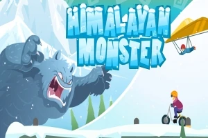 히말라야의 설산 배경 앞에 거대한 몬스터가 있고, 하늘에 행글라이더를 타고 있는 사람과 세그웨이를 타고 있는 사람이 있는 장면