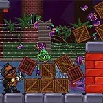 게임 속 장면에서 캐릭터가 상자와 초록색 괴물들을 향해 공격하는 모습