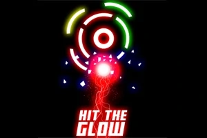 중앙에 붉은 빛을 발사하는 원과 다양한 색상의 원형 고리, 그리고 HIT THE GLOW라는 텍스트가 있는 이미지
