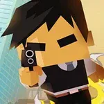 검은 머리를 가진 블록 형태의 캐릭터가 총을 들고 건물 배경 앞에서 달리는 모습