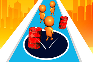 파란색 길 위를 걷는 세 개의 주황색 사람 모양 캐릭터와 빨간색 드럼통