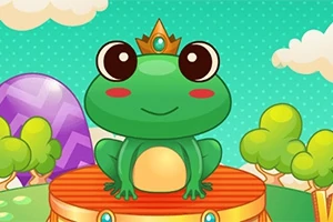 왕관을 쓴 귀여운 개구리가 무대 위에 앉아 있는 장면