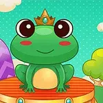 왕관을 쓴 귀여운 개구리가 무대 위에 앉아 있는 장면