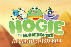 물방울 개구리와 두 마리의 만화 캐릭터가 웃고 있는 장면이며, HOGIE와 ADVENTURE PUZZLE 텍스트가 포함되어 있다