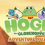 물방울 개구리와 두 마리의 만화 캐릭터가 웃고 있는 장면이며, HOGIE와 ADVENTURE PUZZLE 텍스트가 포함되어 있다