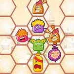 여섯 개의 다양한 표정을 가진 컬러풀한 가방들이 벌집 모양의 배경에 배치되어 있는 이미지