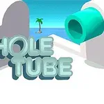 파란색 하늘과 바다, 섬 위에 외딴 나무, 그리고 초록색 관과 함께 HOLE TUBE라는 텍스트가 있는 장면