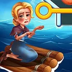 노를 젓는 뗏목 위에 앉아 걱정스러운 표정을 짓고 있는 여성과 위에 잠긴 커다란 황금색 열쇠가 있는 바다 배경