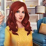 빨간 머리 여성과 두 명의 노인이 거실에서 포즈를 취하고 있는 모습