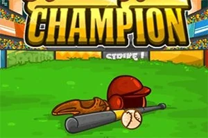 야구 경기장의 그라운드에 야구 배트, 공, 글러브, 헬멧이 놓여있고, 위쪽에 큰 CHAMPION 텍스트가 보임