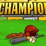 야구 경기장의 그라운드에 야구 배트, 공, 글러브, 헬멧이 놓여있고, 위쪽에 큰 CHAMPION 텍스트가 보임