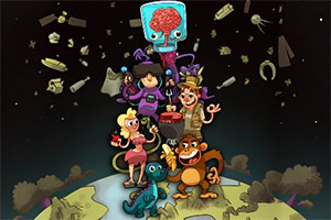 다양한 캐릭터들이 지구 위에 서 있는 모습