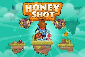 사각형 플랫폼 위에 우주복을 입은 곰과 꿀벌 두 마리가 있고, 하늘을 배경으로 HONEY SHOT이라는 글자가 있다