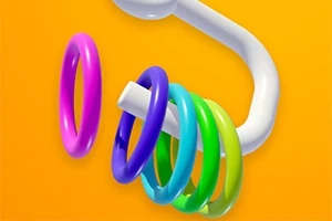 다양한 색상의 고리들이 흰색 막대에 걸려 있는 모습