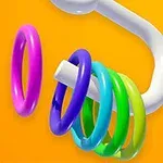 다양한 색상의 고리들이 흰색 막대에 걸려 있는 모습