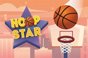 농구공이 농구 골대로 들어가는 장면과 별 모양의 배경에 HOOP STAR라는 글자가 있는 이미지