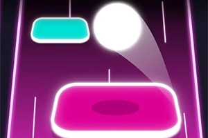 어두운 배경에 빛나는 흰 공이 핑크색과 청록색 블록 사이를 튕기고 있는 장면