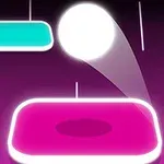 어두운 배경에 빛나는 흰 공이 핑크색과 청록색 블록 사이를 튕기고 있는 장면