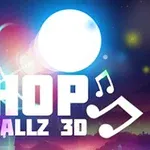 빛나는 공과 음표 아이콘이 있는 화려한 배경의 HOP BALLZ 3D 텍스트