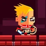 금발 머리의 픽셀 아트 캐릭터가 빨간색 갑옷을 입고 파란색 무기를 들고 있는 모습