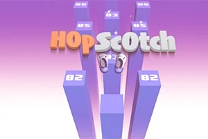 보라색 기둥 위에 있는 신발과 HOPSCOTCH라는 단어가 떠 있는 이미지