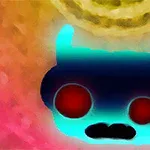 붉은 눈과 두 개의 뿔을 가진 생물의 형상이 다채로운 배경에 대비되어 나타남