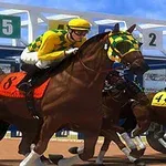 경마장에서 기수들이 말을 타고 경주를 시작하는 장면으로, 선두의 말은 황록색 모자와 기수 복장을 착용하고 있다