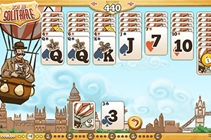 만화 스타일의 열기구를 탄 신사와 배경에 런던 풍경이 보이며 여러 장의 카드가 배열되어 있습니다