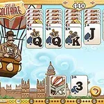 만화 스타일의 열기구를 탄 신사와 배경에 런던 풍경이 보이며 여러 장의 카드가 배열되어 있습니다