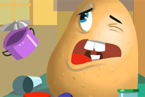 하나의 감자 캐릭터가 찡그린 표정을 짓고 있으며 주변에 주방 도구들이 흩어져 있다