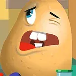 하나의 감자 캐릭터가 찡그린 표정을 짓고 있으며 주변에 주방 도구들이 흩어져 있다