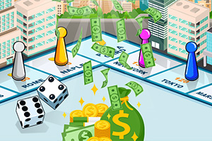 도시 배경의 게임 보드 위에 다양한 색상의 말들과 주사위, 돈이 있는 이미지