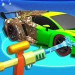 초록색 슈퍼카가 물총으로 세척되고 있는 모습