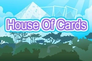 카드 집 모양의 빛나는 구조물과 나무 실루엣이 있는 푸른 하늘 배경