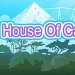 카드 집 모양의 빛나는 구조물과 나무 실루엣이 있는 푸른 하늘 배경