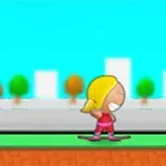 금발 머리의 소녀가 스케이트보드를 타고 있는 만화 스타일의 이미지, 배경에 나무와 건물이 있다