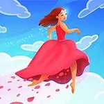 빨간 드레스를 입고 하늘을 날아다니는 여성이 파란 하늘과 구름 배경과 함께 있는 모습