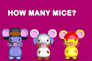 세 마리의 각기 다른 색상의 쥐가 모자와 헤드폰을 착용하고 있으며, 상단에 HOW MANY MICE?