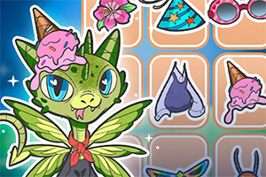 녹색 날개와 아이스크림 모자를 쓴 귀여운 용 캐릭터가 다양한 액세서리와 함께 있는 모습