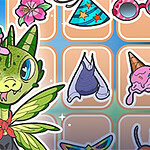 녹색 날개와 아이스크림 모자를 쓴 귀여운 용 캐릭터가 다양한 액세서리와 함께 있는 모습