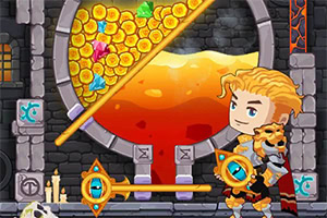 던전 속에서 금화와 보석이 가득 차 있는 탱크 앞에 용맹한 캐릭터가 서 있는 모습