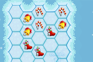 벌집 모양의 칸에 크리스마스 양말, 종, 지팡이 사탕 이미지가 배치된 모습