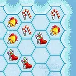 벌집 모양의 칸에 크리스마스 양말, 종, 지팡이 사탕 이미지가 배치된 모습